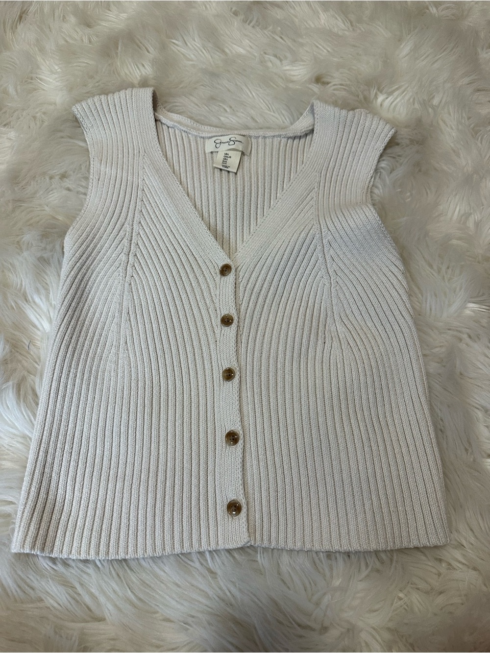 Jessica Simpson Cream Ribbed V-Neck Button Front Sweater Vest